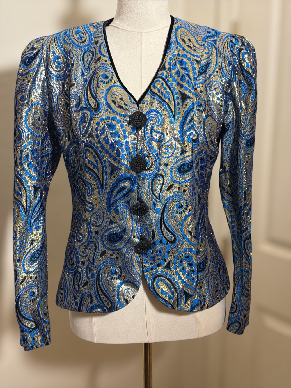 Vintage Alchemy by Joo Mee Metallic Blue Gold Paisley Blazer 7/8